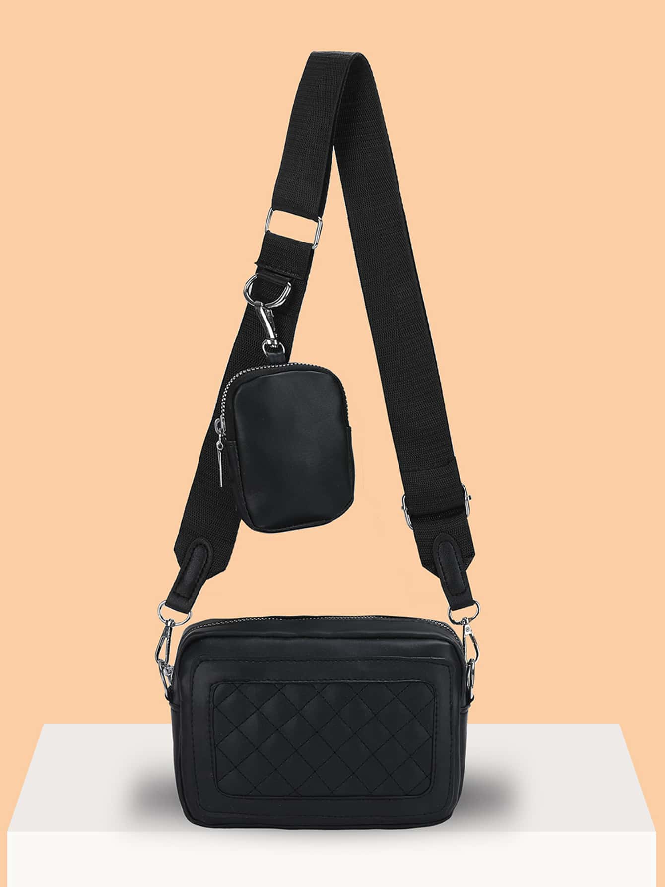 Conjunto de 2 piezas de bolsa de bandolera multiusos para estudiantes universitarios y de secundaria: bolsa de hombro casual con detalle acolchado cuadrado y monedero, bolsa impermeable resistente como regalo para hombres, para viajes, universidad, exteriores, deportes, ir y venir. Bolsa de mano de color liso para vacaciones de verano, esenciales de festivales. Bolsa escolar multifuncional para libros y útiles, para adolescentes y estudiantes de secundaria. Bolso de vuelta al colegio, ideal para el Día del Padre. - Negro - Ver 1