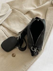 Conjunto de 2 piezas de bolsa de bandolera multiusos para estudiantes universitarios y de secundaria: bolsa de hombro casual con detalle acolchado cuadrado y monedero, bolsa impermeable resistente como regalo para hombres, para viajes, universidad, exteriores, deportes, ir y venir. Bolsa de mano de color liso para vacaciones de verano, esenciales de festivales. Bolsa escolar multifuncional para libros y útiles, para adolescentes y estudiantes de secundaria. Bolso de vuelta al colegio, ideal para el Día del Padre. - Negro - Ver 3