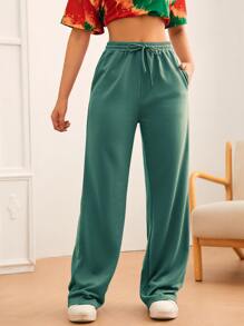 SHEIN Tall 素色腰部抽繩衛褲 - 綠色 - 查看 1