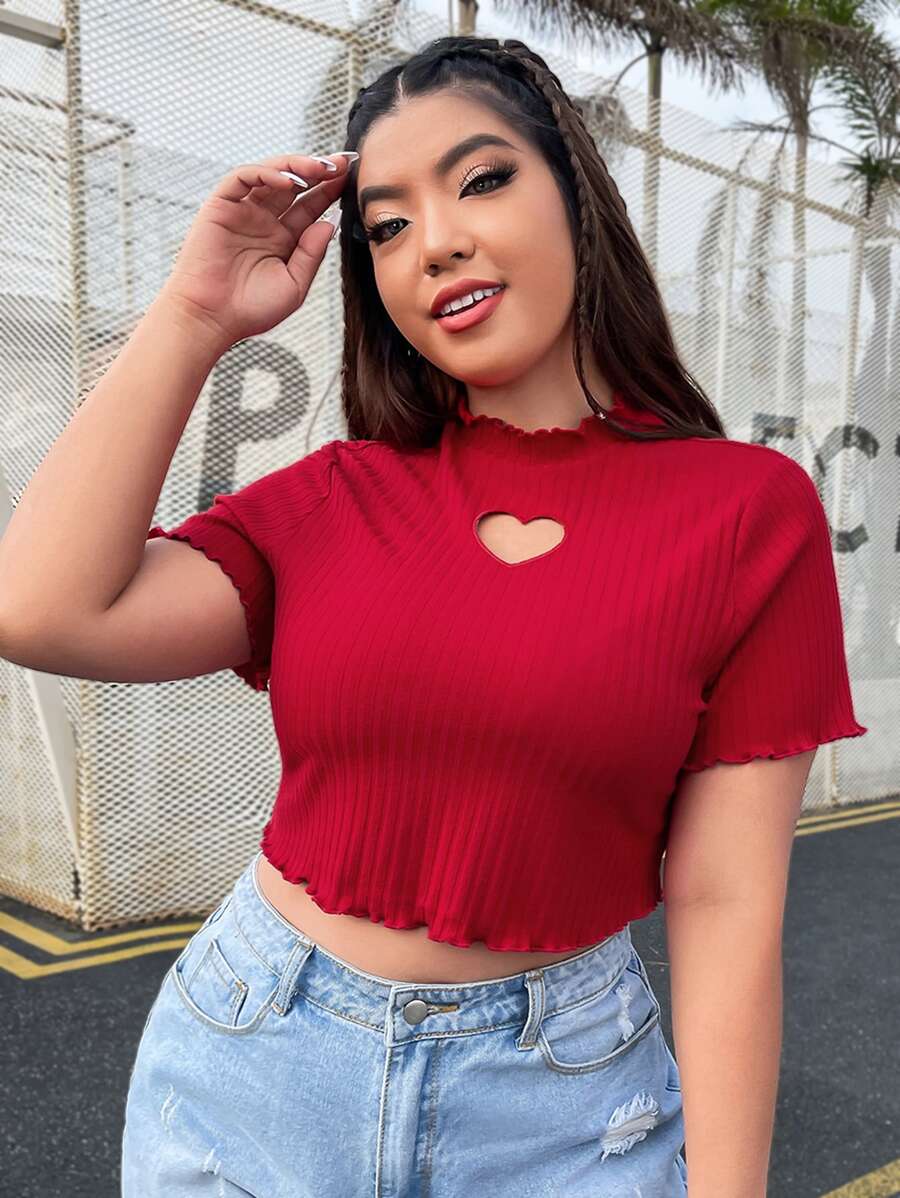 SHEIN EZwear Plus Heart Cut Out Lettuce Trim Tee - Red - View 1