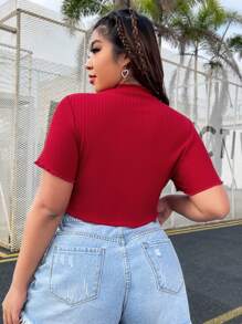 SHEIN EZwear Plus Heart Cut Out Lettuce Trim Tee - Red - View 2