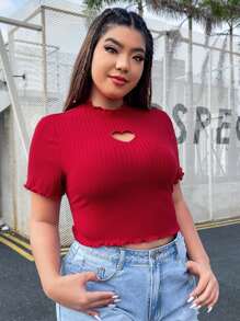 SHEIN EZwear Plus Heart Cut Out Lettuce Trim Tee - Red - View 4