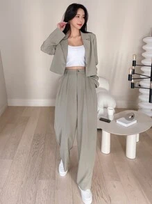 DAZY Single Button Crop Blazer & Fold Pleated Suit Trousers - Mint Green - View 4