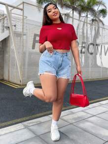 SHEIN EZwear Plus Heart Cut Out Lettuce Trim Tee - Red - View 6