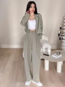 DAZY Single Button Crop Blazer & Fold Pleated Suit Trousers - Mint Green - View 1