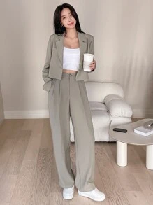 DAZY Single Button Crop Blazer & Fold Pleated Suit Trousers - Mint Green - View 6