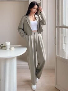 DAZY Single Button Crop Blazer & Fold Pleated Suit Trousers - Mint Green - View 7