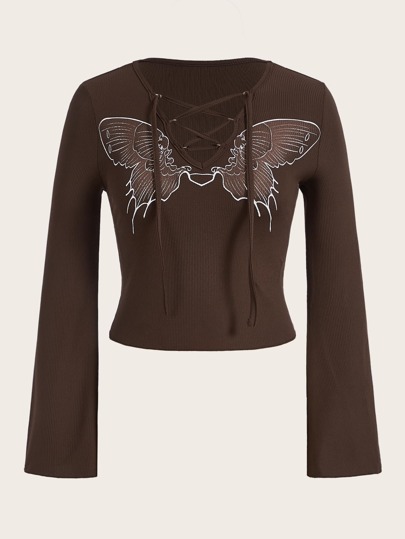 Butterfly Graphic Lace Up Tee