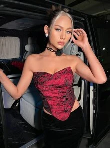 SHEIN ICON 印花褶邊頭巾下擺短款抹胸上衣 - 酒紅色 - 查看 4