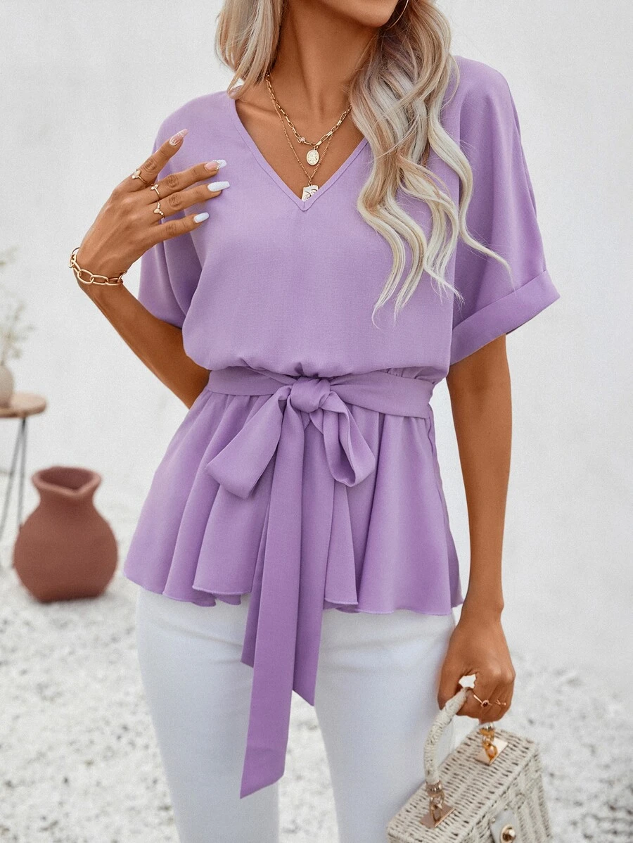 SHEIN Clasi Áo sơ mi nữ Thắt lưng Viên lá sen màu trơn Giải trí - Màu Lilac Tím - Xem 1
