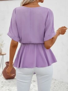 SHEIN Clasi Áo sơ mi nữ Thắt lưng Viên lá sen màu trơn Giải trí - Màu Lilac Tím - Xem 2