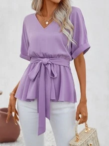 SHEIN Clasi Áo sơ mi nữ Thắt lưng Viên lá sen màu trơn Giải trí - Màu Lilac Tím - Xem 3