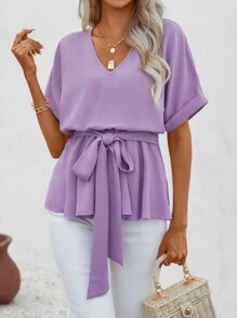 SHEIN Clasi Áo sơ mi nữ Thắt lưng Viên lá sen màu trơn Giải trí - Màu Lilac Tím - Xem 4