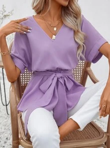 SHEIN Clasi Áo sơ mi nữ Thắt lưng Viên lá sen màu trơn Giải trí - Màu Lilac Tím - Xem 5