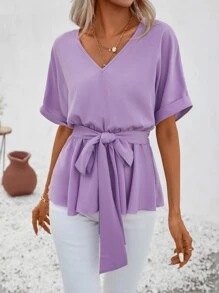 SHEIN Clasi Áo sơ mi nữ Thắt lưng Viên lá sen màu trơn Giải trí - Màu Lilac Tím - Xem 6