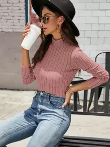 SHEIN Clasi 羅紋小高領T恤 - 藕粉色 - 查看 1