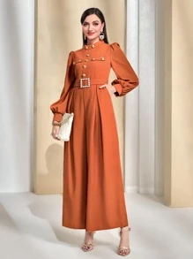 Modelyn Button Front Bishop Sleeve Belted Jumpsuit - Orange - View 1
