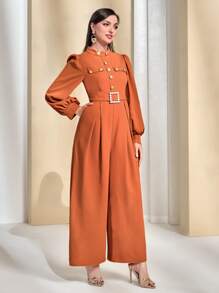 Modelyn Button Front Bishop Sleeve Belted Jumpsuit - Orange - View 3