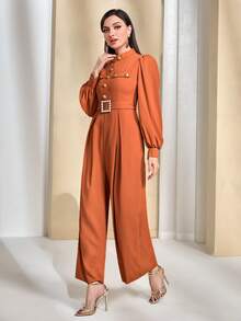 Modelyn Button Front Bishop Sleeve Belted Jumpsuit - Orange - View 4