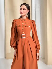 Modelyn Button Front Bishop Sleeve Belted Jumpsuit - Orange - View 5