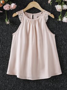 Girls Contrast Lace Keyhole Back Halter Blouse - Baby Pink - View 1