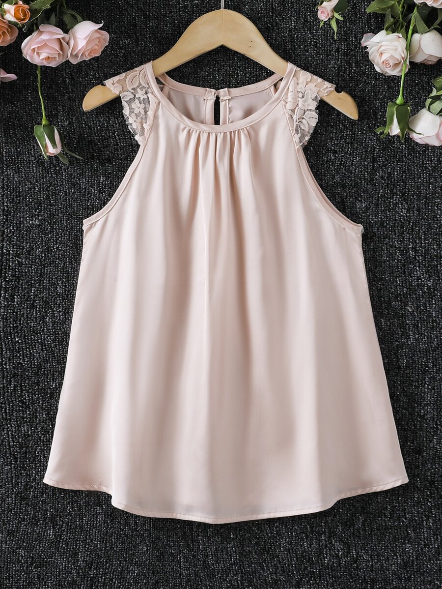 Girls Contrast Lace Keyhole Back Halter Blouse - Baby Pink - View 1