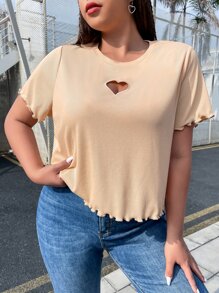 SHEIN EZwear Áo thun Plus size Cắt ra Xù nhỏ màu trơn Giải trí - Màu be - Xem 3