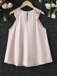 Girls Contrast Lace Keyhole Back Halter Blouse - Baby Pink - View 2