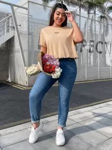 SHEIN EZwear Áo thun Plus size Cắt ra Xù nhỏ màu trơn Giải trí - Màu be - Xem 5
