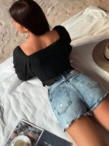 SHEIN VCAY Sweetheart Neck Lantern Sleeve Ruched Crop Blouse - Black - View 2