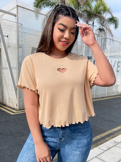 SHEIN EZwear Kesmek Marul Döşeme Sade Gündelik Büyük Beden Tshirtler