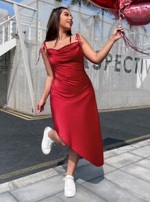 SHEIN Privé Plus Draped Collar Tie Shoulder Asymmetrical Hem Cami Dress - Burgundy - View 1