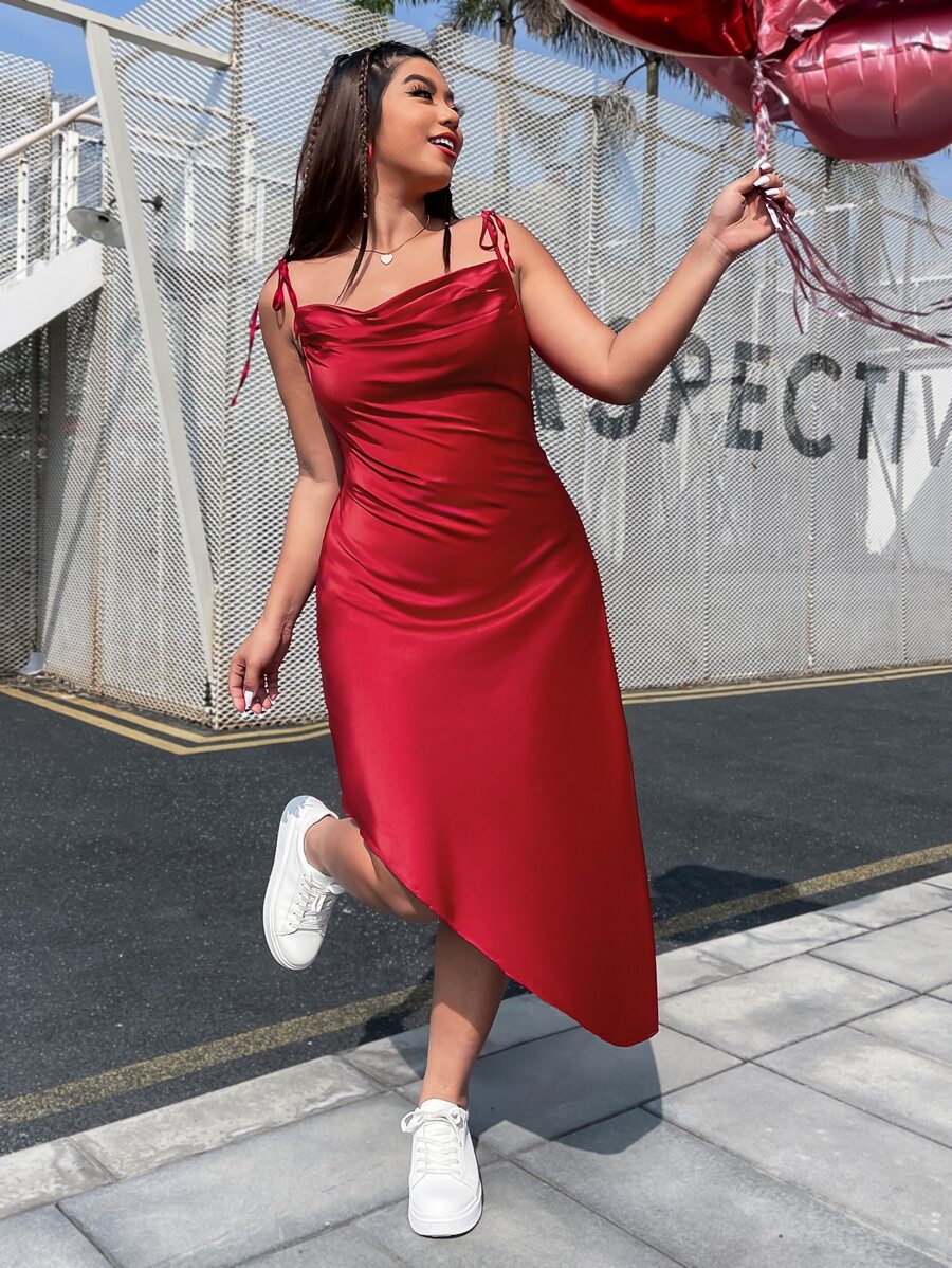 SHEIN Privé Plus Draped Collar Tie Shoulder Asymmetrical Hem Cami Dress - Burgundy - View 1