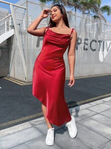 SHEIN Privé Plus Draped Collar Tie Shoulder Asymmetrical Hem Cami Dress - Burgundy - View 3