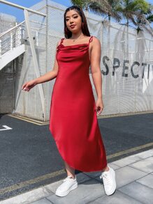 SHEIN Privé Plus Draped Collar Tie Shoulder Asymmetrical Hem Cami Dress - Burgundy - View 4