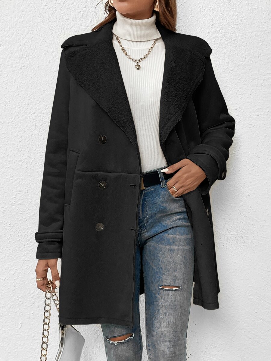 Muchica 西裝領雙排釦毛絨內襯外套