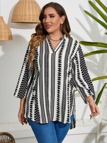 SHEIN LUNE Plus Geo Print Roll Tab Sleeve Popover Blouse - Black and White - View 3