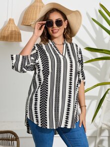 SHEIN LUNE Plus Geo Print Roll Tab Sleeve Popover Blouse - Black and White - View 5