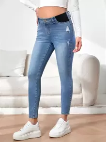 SHEIN 孕妇高腰破洞紧身牛仔裤 妈妈牛仔裤