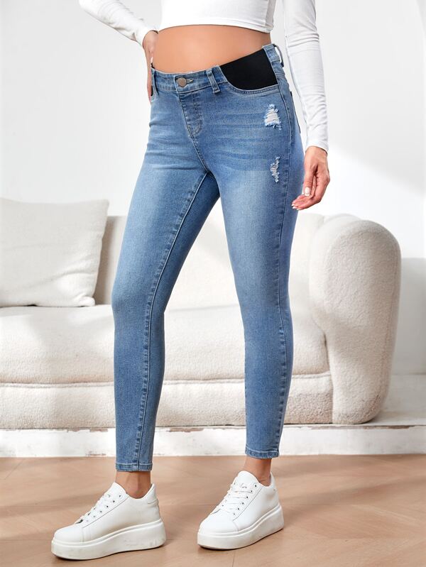SHEIN Maternity High Waist Ripped Skinny Jeans Mom Jeans