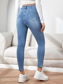 SHEIN 孕妇高腰破洞紧身牛仔裤 妈妈牛仔裤