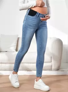 SHEIN 孕妇高腰破洞紧身牛仔裤 妈妈牛仔裤