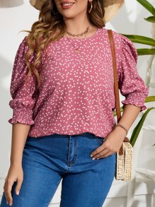 SHEIN LUNE Plus Confetti Heart Print Puff Sleeve Blouse - Multicolor - View 1