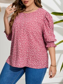 SHEIN LUNE Plus Confetti Heart Print Puff Sleeve Blouse - Multicolor - View 3