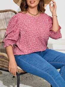 SHEIN LUNE Plus Confetti Heart Print Puff Sleeve Blouse - Multicolor - View 4