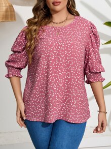 SHEIN LUNE Plus Confetti Heart Print Puff Sleeve Blouse - Multicolor - View 5