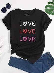SHEIN LUNE Heart And Letter Graphic Tee - Black - View 1