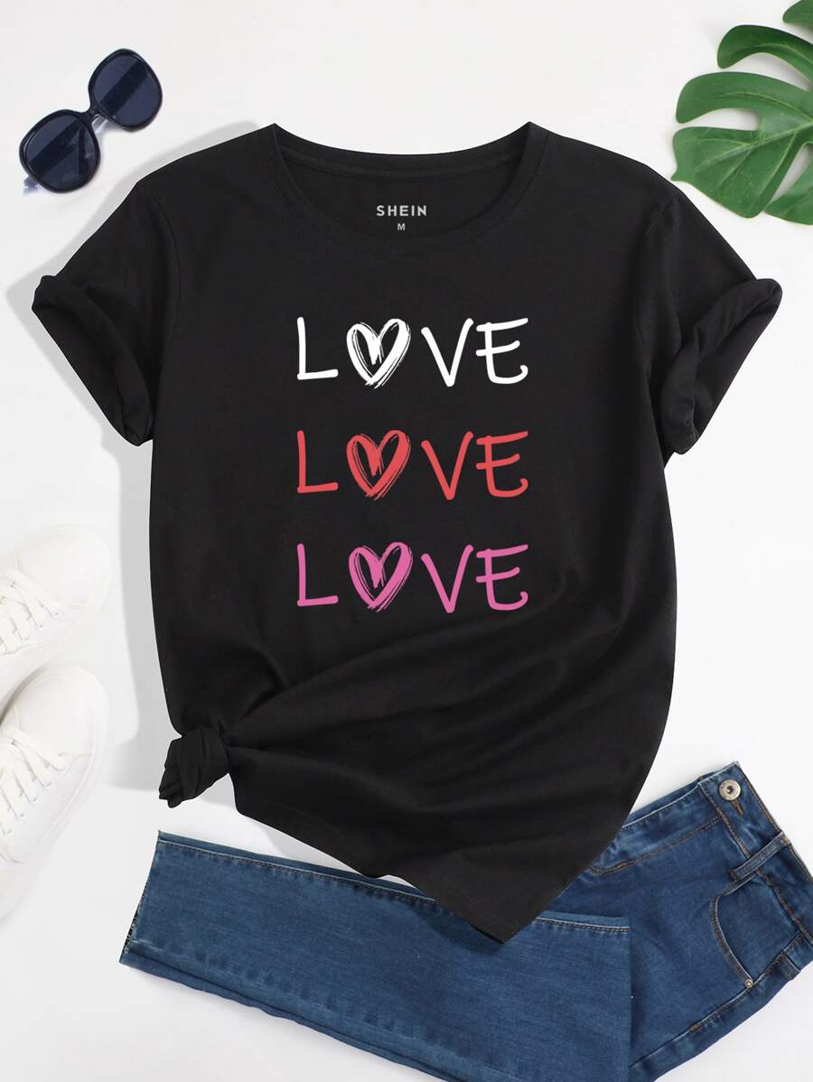 SHEIN LUNE Heart And Letter Graphic Tee - Black - View 1