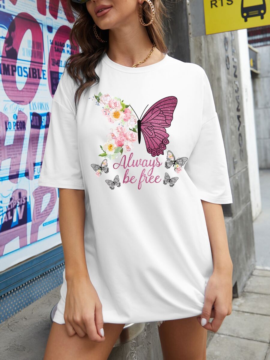 INAWLY Áo thun nữ Lá thư Loại bướm Giải trí - trắng - Xem 1