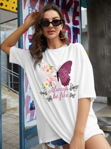 INAWLY Áo thun nữ Lá thư Loại bướm Giải trí - trắng - Xem 6